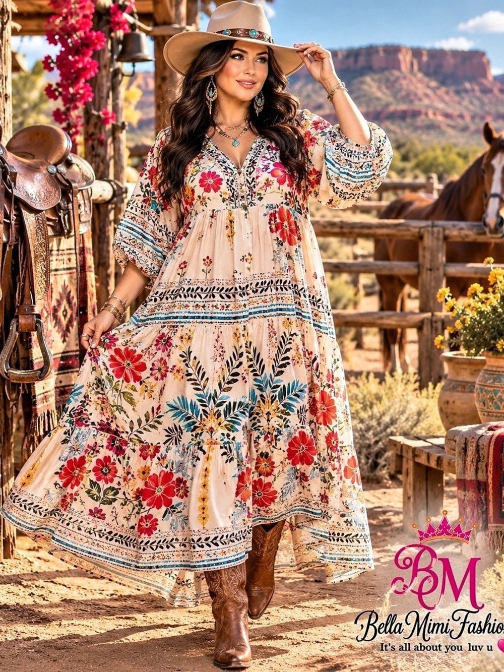 NEW POL Boho Floral Patchwork Western Balloon Sleeve Maxi 🌸